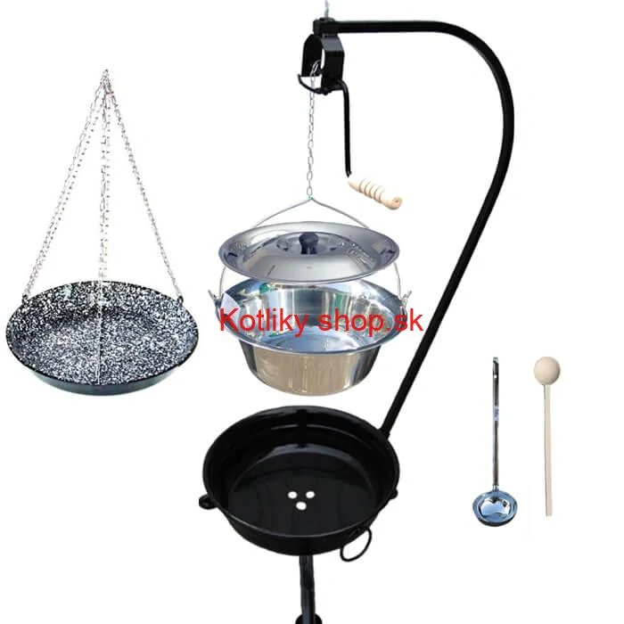 Nerezový kotlík 22 L (0,8 mm) INOX + smaltovaná panvica + ohnisko so stojanom a s poistnou kladkou VAR